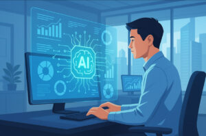 Ilustrasi pekerja muda menggunakan teknologi AI di kantor modern Indonesia 2025