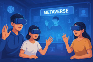 Ilustrasi metaverse Indonesia 2025 dengan generasi muda berinteraksi di dunia virtual futuristik