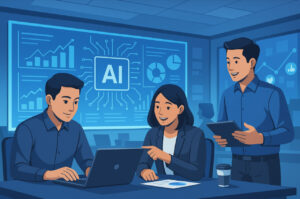 Ilustrasi tim marketing muda menggunakan teknologi AI di kantor digital modern Indonesia 2025
