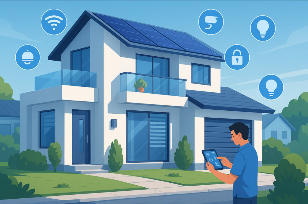Ilustrasi rumah pintar modern di Indonesia dengan sistem otomatis dan teknologi digital 2025