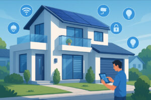 Ilustrasi rumah pintar modern di Indonesia dengan sistem otomatis dan teknologi digital 2025