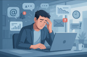 Ilustrasi pekerja digital mengalami tekanan kerja di era teknologi modern 2025