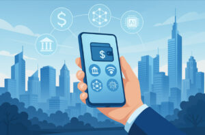 Ilustrasi teknologi finansial dan transaksi digital modern di Indonesia 2025