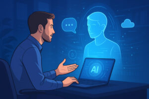 Ilustrasi interaksi manusia dengan AI Assistant holografik di kantor modern 2025