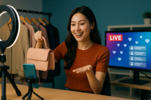 Ilustrasi Live Shopping 2025 dengan host perempuan di studio digital interaktif