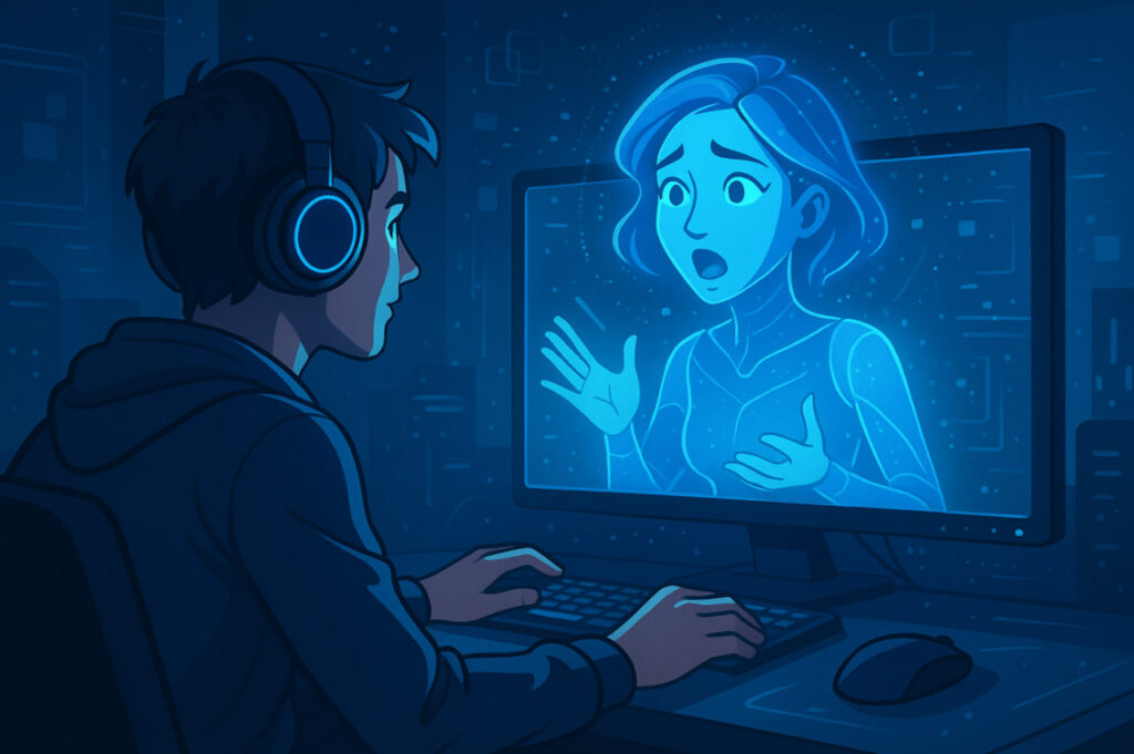 Ilustrasi Game AI 2025 dengan gamer dan karakter virtual holografik yang ekspresif