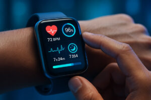Ilustrasi Wearable Health Tech 2025 dengan smartwatch menampilkan data kesehatan digital