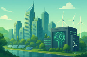 Ilustrasi AI Hijau 2025 dengan kota futuristik dan energi terbarukan berbasis kecerdasan buatan