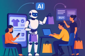 Ilustrasi e-commerce otomatis 2025 dengan AI menampilkan produk melalui layar hologram futuristik
