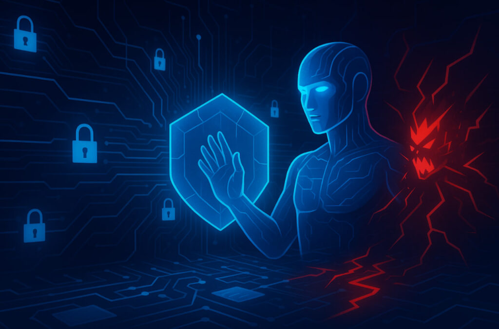 Ilustrasi keamanan siber 2025 dengan AI melindungi jaringan digital dari ancaman siber
