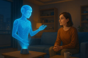 Ilustrasi AI Asisten Rumah 2025 berbentuk hologram yang berinteraksi dengan penghuni rumah di ruang tamu futuristik