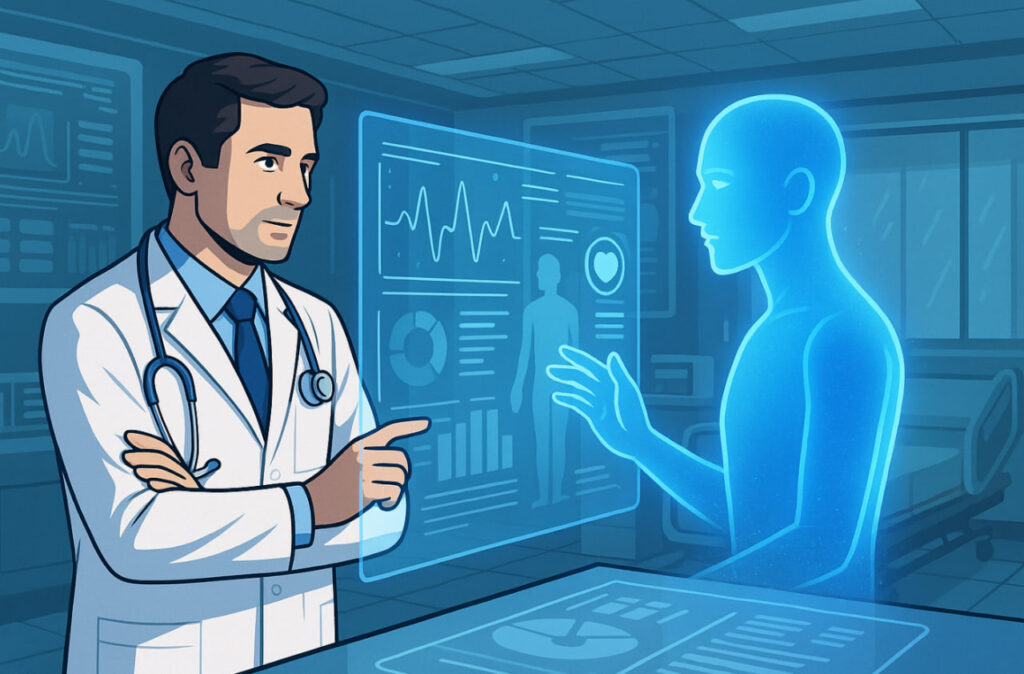 Ilustrasi AI Diagnostik 2025 dengan dokter dan hologram AI menganalisis data medis digital