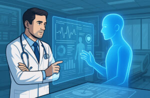Ilustrasi AI Diagnostik 2025 dengan dokter dan hologram AI menganalisis data medis digital