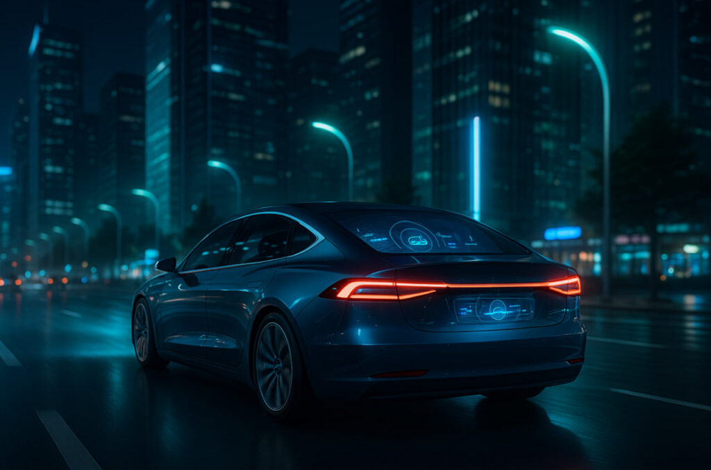 Ilustrasi mobil otonom 2025 dengan teknologi AI dan sistem navigasi digital di kota futuristik