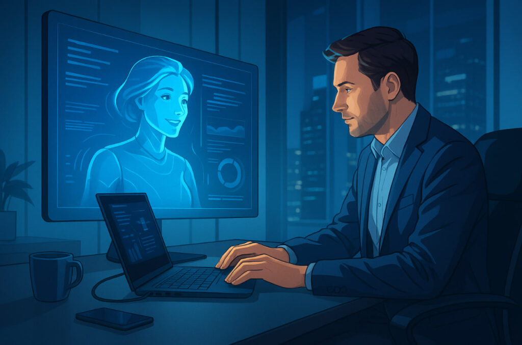 Ilustrasi AI di dunia kerja 2025 dengan kolaborasi manusia dan asisten AI holografik di kantor modern
