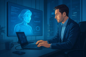 Ilustrasi AI di dunia kerja 2025 dengan kolaborasi manusia dan asisten AI holografik di kantor modern