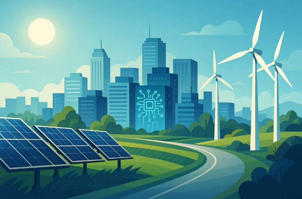 Ilustrasi AI Energi 2025 dengan kota modern ramah lingkungan dan sistem energi cerdas berbasis AI