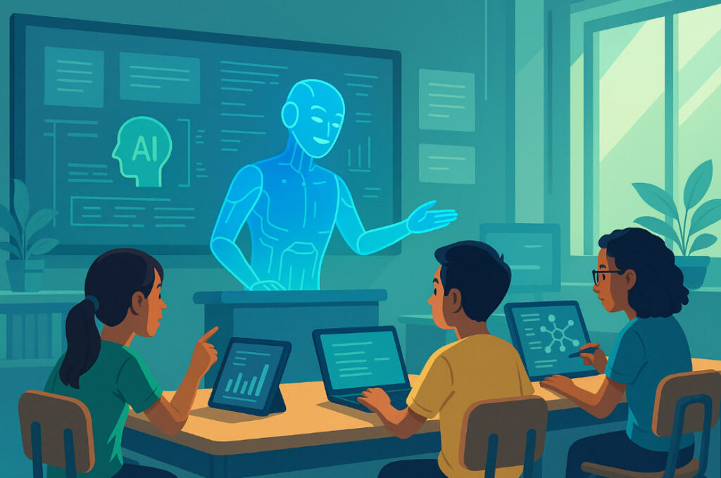 Ilustrasi AI di pendidikan 2025 dengan siswa belajar bersama asisten AI holografik di kelas futuristik