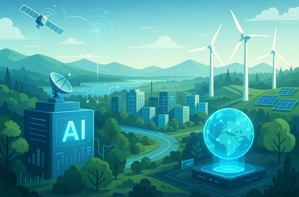 Ilustrasi AI Lingkungan 2025 dengan kota modern dan sistem teknologi hijau yang menjaga keseimbangan bumi