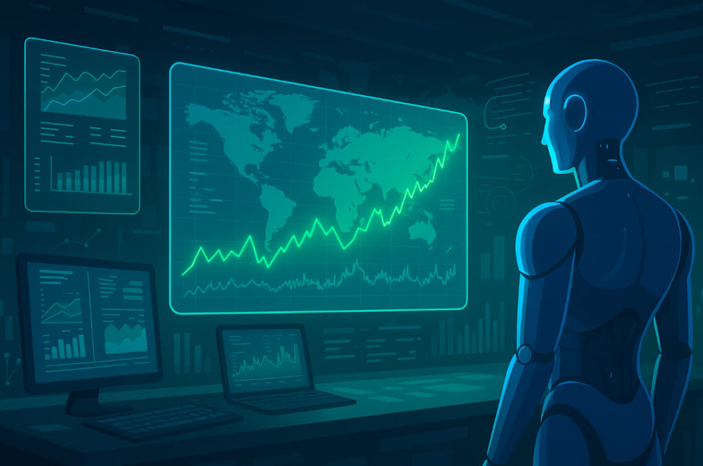 Ilustrasi AI finansial 2025 dengan sistem data holografik dan pengelolaan ekonomi digital otomatis.