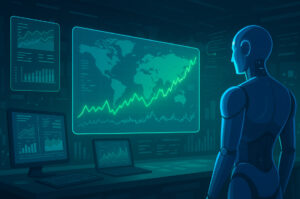Ilustrasi AI finansial 2025 dengan sistem data holografik dan pengelolaan ekonomi digital otomatis.