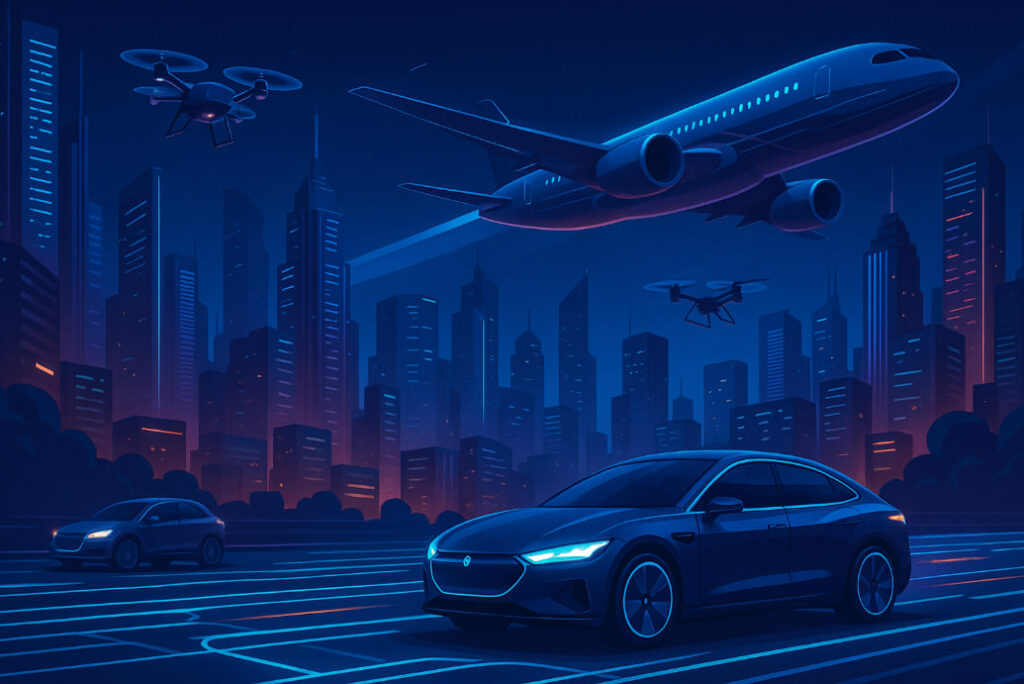 Ilustrasi AI transportasi 2025 dengan mobil otonom, drone, dan pesawat AI di kota futuristik.