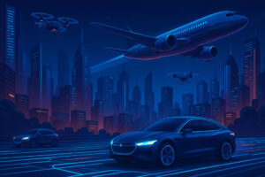 Ilustrasi AI transportasi 2025 dengan mobil otonom, drone, dan pesawat AI di kota futuristik.
