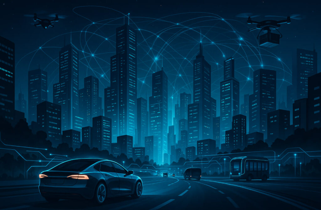 Ilustrasi Smart City 2025 dengan sistem AI, transportasi otonom, dan jaringan data kota pintar.