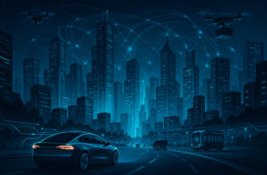 Ilustrasi Smart City 2025 dengan sistem AI, transportasi otonom, dan jaringan data kota pintar.