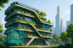 Ilustrasi arsitektur hidup 2025 dengan bangunan hijau futuristik yang beradaptasi dengan alam dan dikelola AI.