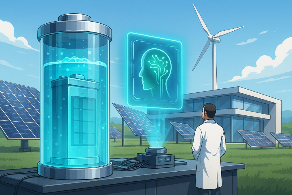 Ilustrasi AI baterai 2025 dengan sistem energi cerdas dan teknologi penyimpanan ramah lingkungan.