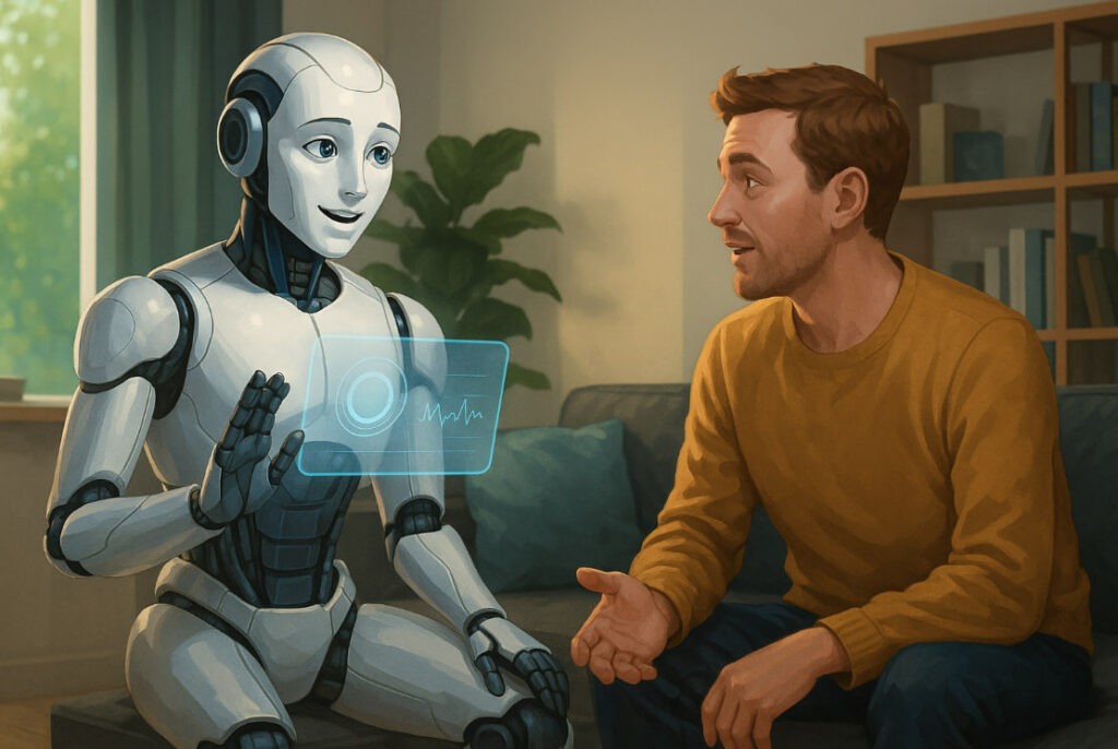 Ilustrasi robot sosial 2025 berbentuk humanoid sedang berinteraksi dengan manusia menggunakan teknologi AI empatik.