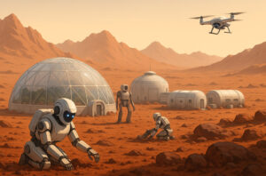 Ilustrasi AI kolonisasi Mars 2025 dengan robot AI membangun koloni manusia di permukaan planet merah.