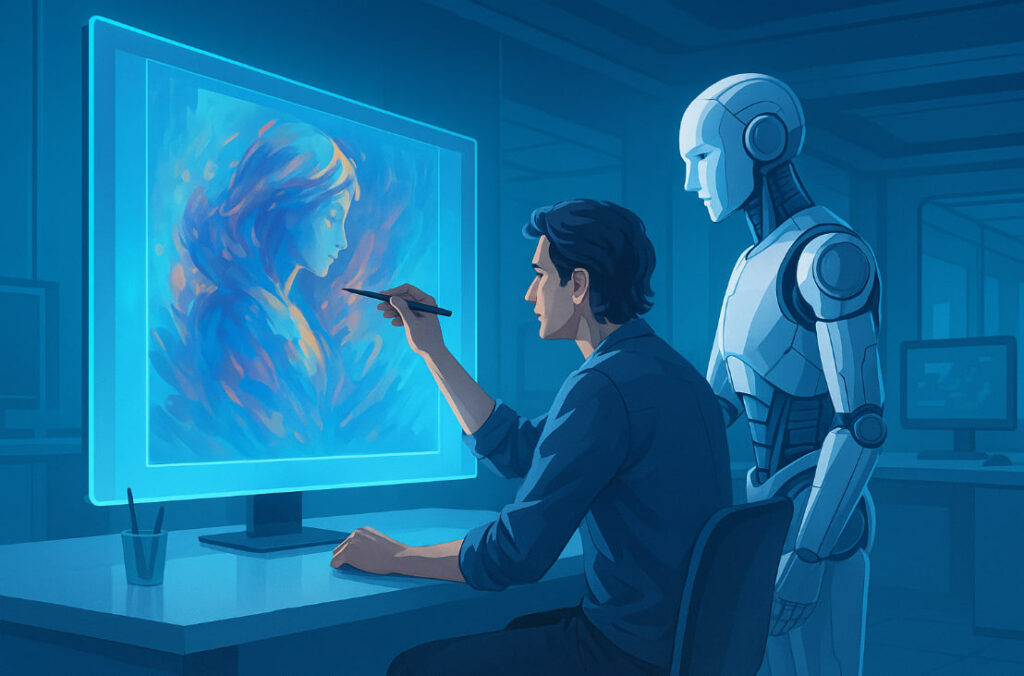 Ilustrasi AI kreatif 2025 dengan robot AI dan manusia berkolaborasi menciptakan seni digital di ruang kerja futuristik.
