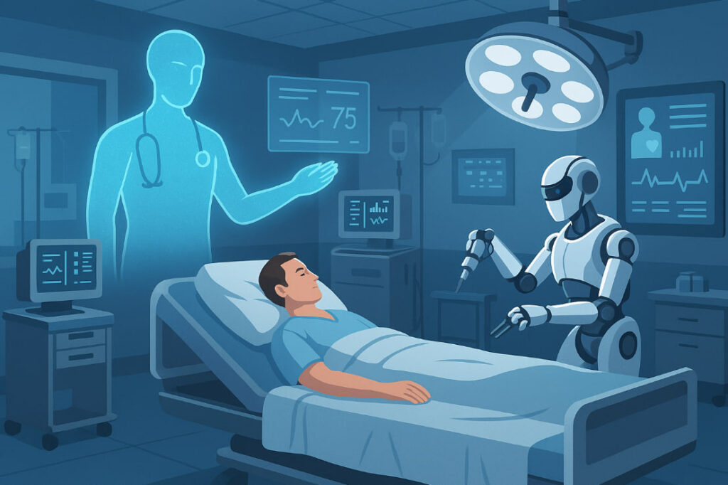 Ilustrasi AI medis 2025 di rumah sakit futuristik dengan robot dan sistem analisis kesehatan digital.