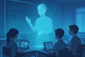 Ilustrasi AI guru 2025 di kelas futuristik mengajar siswa menggunakan teknologi holografik dan perangkat digital.