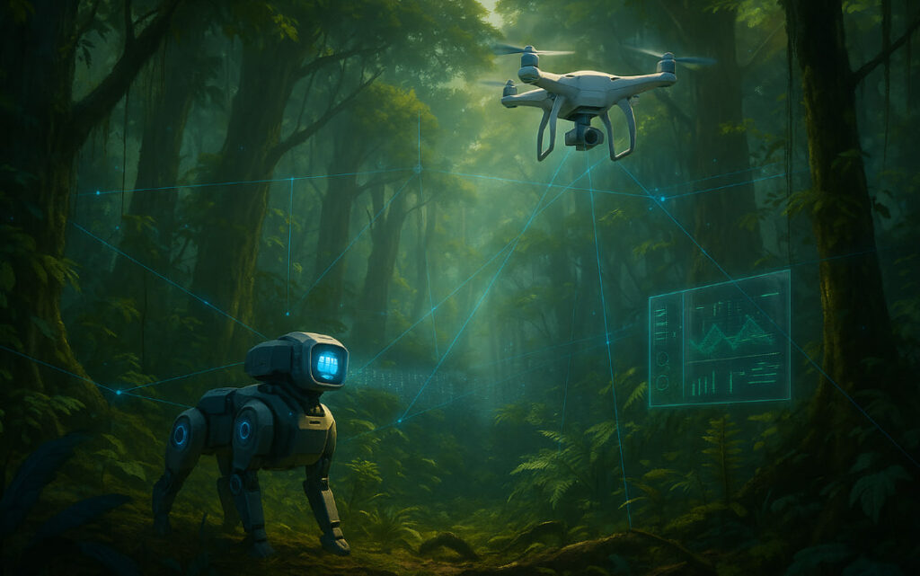 Ilustrasi AI penjaga hutan 2025 dengan drone dan sistem sensor digital yang memantau hutan dari udara.