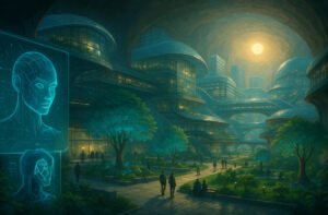 Ilustrasi kota bawah tanah 2025 dengan sistem AI, taman hijau, dan arsitektur futuristik ramah lingkungan.