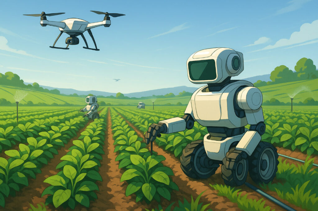 Ilustrasi pertanian AI 2025 dengan robot, drone, dan sistem teknologi pintar yang bekerja di lahan hijau futuristik.