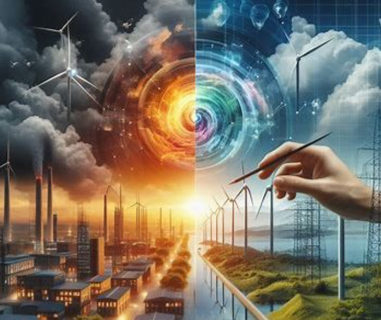 Ilustrasi AI energi alam 2025 dengan pembangkit angin, air, dan panas bumi yang terhubung sistem cerdas.