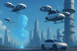 Ilustrasi mobil terbang AI 2025 di kota futuristik dengan sistem lalu lintas udara otomatis.