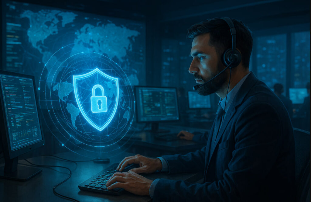 Ilustrasi AI keamanan global 2025 kecerdasan menjaga ancaman dari siber atau teror digital.