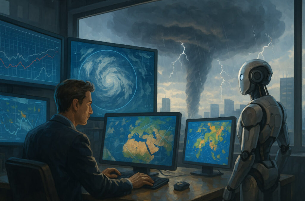 Ilustrasi AI pengendali cuaca 2025 dengan drone dan sistem teknologi cerdas yang menstabilkan atmosfer bumi.