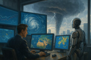 Ilustrasi AI pengendali cuaca 2025 dengan drone dan sistem teknologi cerdas yang menstabilkan atmosfer bumi.