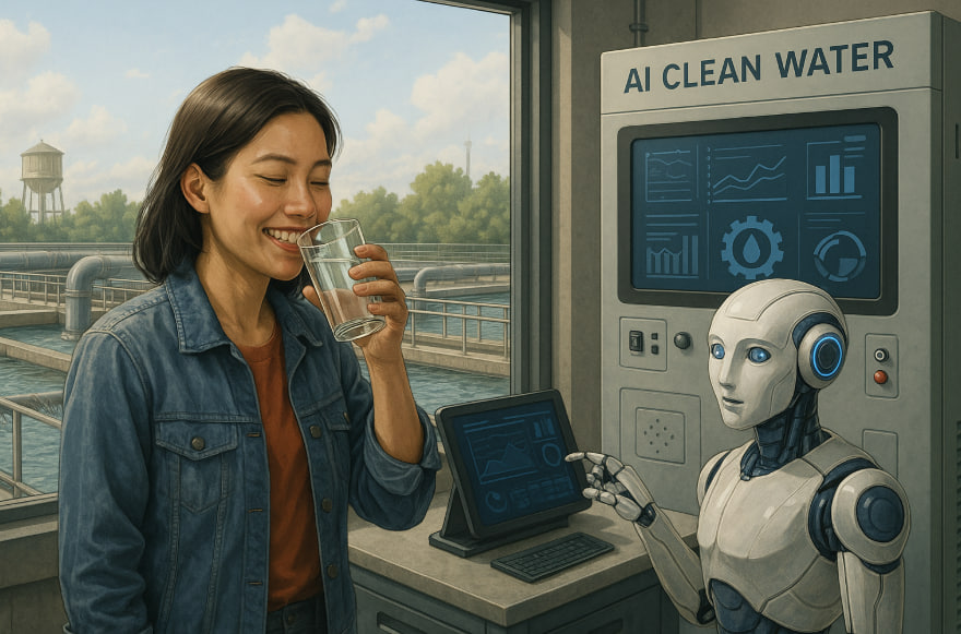 Ilustrasi AI air bersih 2025 dengan teknologi cerdas mengatur dan memantau sumber daya air dunia.