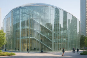 Ilustrasi gedung transparan 2025 dengan teknologi kaca pintar dan sistem AI pengatur energi di kota futuristik.