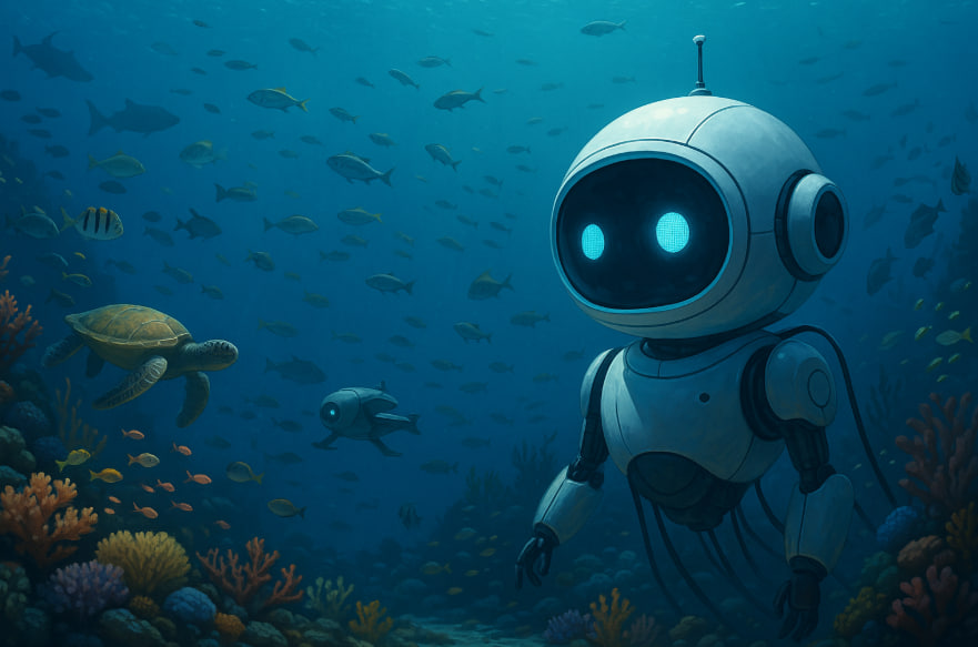 Ilustrasi AI laut 2025 dengan teknologi energi ombak, turbin laut, dan sistem pemantauan cerdas.