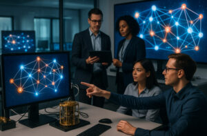 Ilustrasi komunikasi kuantum 2025 dengan jaringan cahaya biru dan AI holografik yang mengatur transmisi data super cepat.