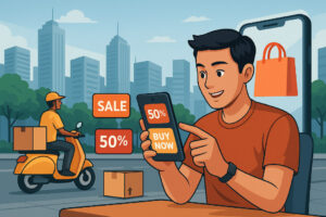 Ilustrasi perang diskon online 2025 di Indonesia, marketplace dan konsumen digital.