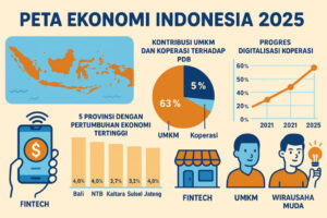 Ilustrasi Berita Ekonomi Indonesia 2025 menampilkan aktivitas bisnis dan pertumbuhan ekonomi nasional